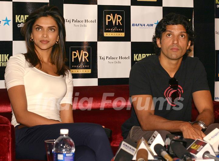 New Delhi,22 Feb 2010-Bollywood actors Deepika Padukone and Farhan Akhtar in New Delhi to promote their film ''''Karthik calling Karthik'''' on Monday