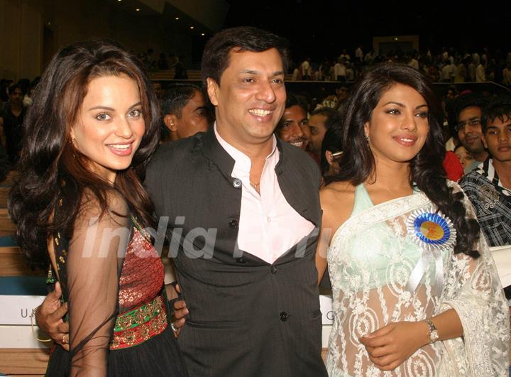 Bollywood actress Kangna Ranaut and Priyanka Chopra with director Madhur Bhandarkar at the ''''56 National Film Awards'''', in New Delhi on Friday