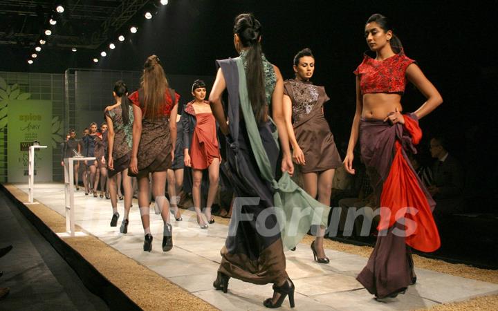 Models showcasing designers Ankita andAnjana Bhargav creations at the Wills Lifestyle India Fashion Week 2010, in New Delhi on Thrusday ( Photo: IANS)