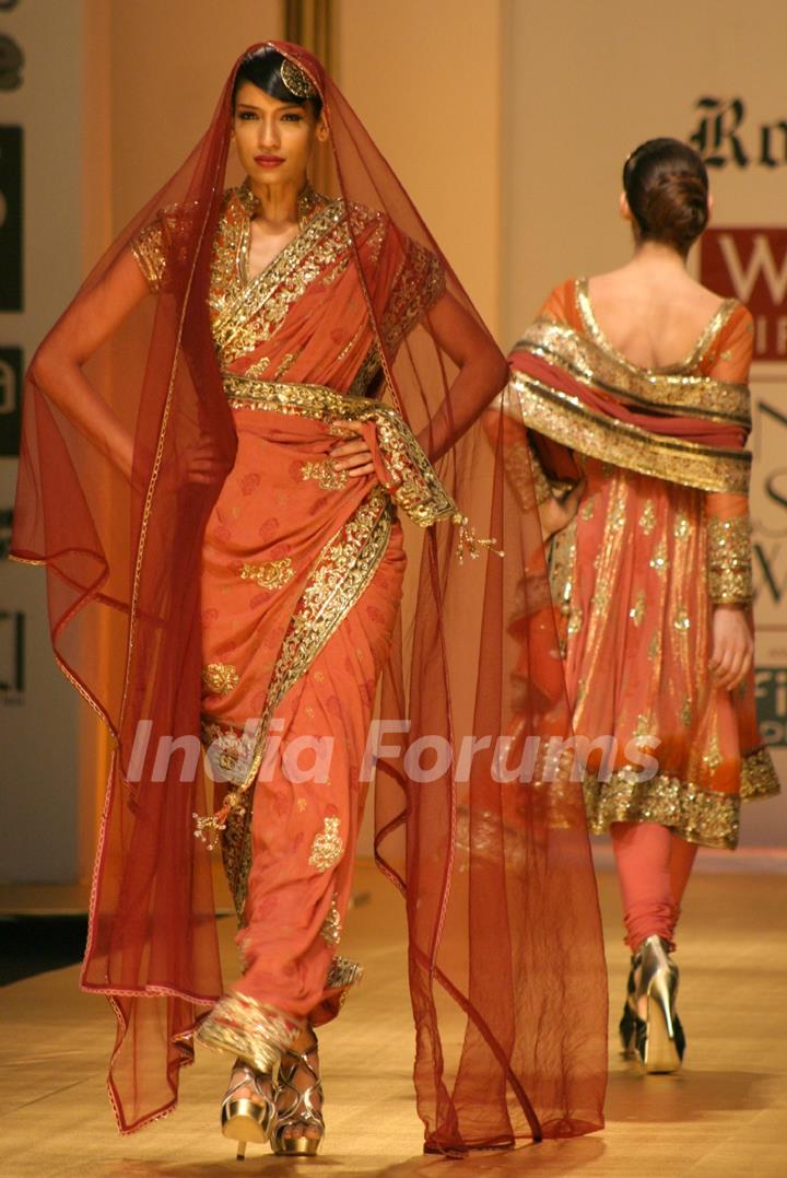 Models showcasing designer Rocky S creations at the Wills Lifestyle India Fashion Week 2010, in New Delhi on Friday