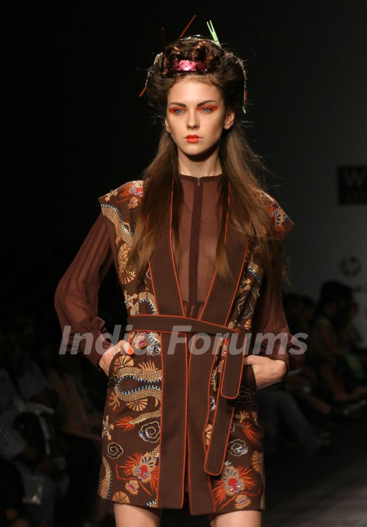 A Model showcasing designer Nandita Basu''s creation at the Wills Lifestyle India Fashion Week-2010, in New Delhi