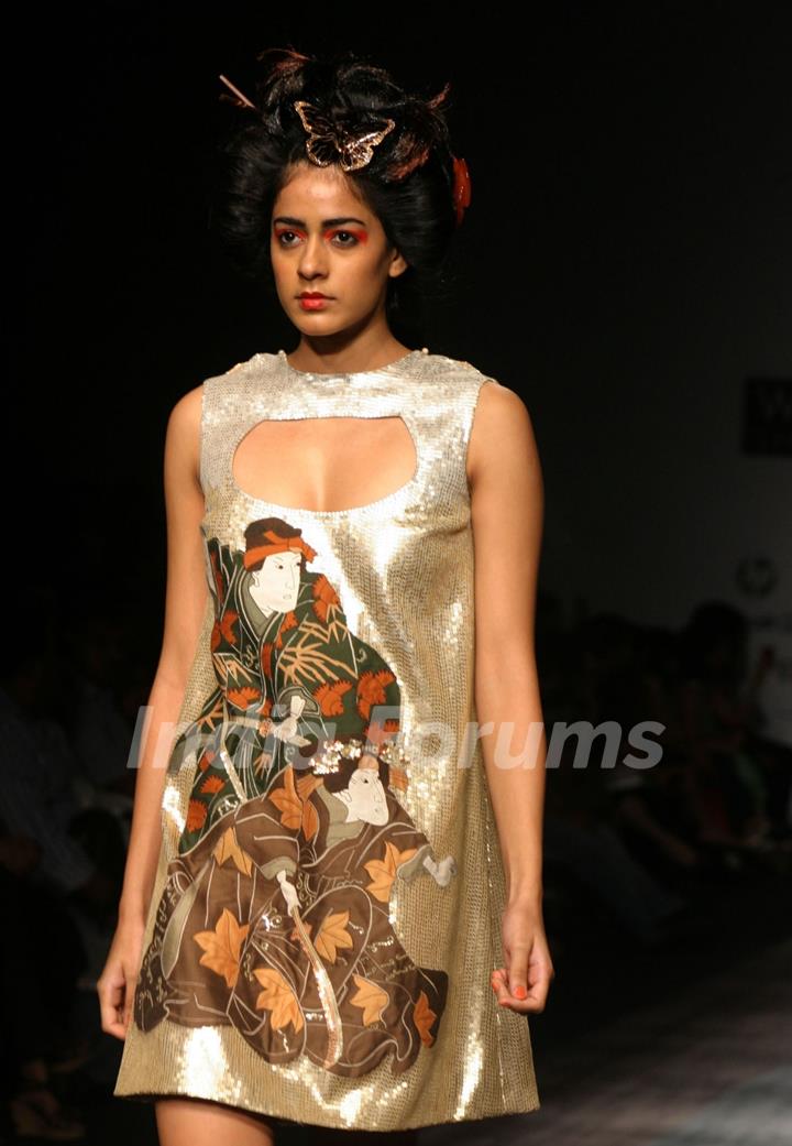 A Model showcasing designer Nandita Basu''s creation at the Wills Lifestyle India Fashion Week-2010, in New Delhi