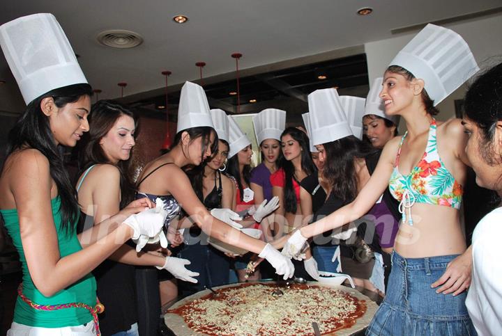 Femina Miss India finalists make giant pizza at Novotel Hotel at Novotel, Juhu