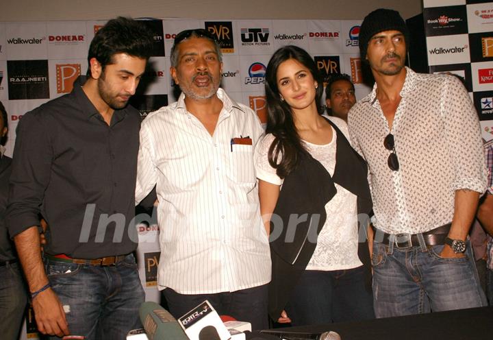 Bollywood actors Ranbir Kapoor, Katrina Kaif, Arjun Rampal and director Prakash Jha at the press conference for their film &quot;RAJNEETI&quot;,in New Delhi on Thursday