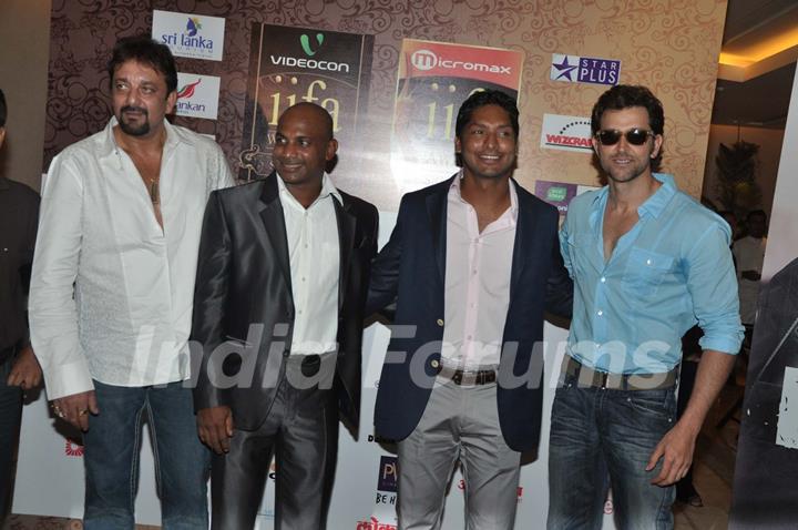 Sanjay Dutt, Sanath Jayasuriya, Sangakkara and Hrithik Roshan at IIFA cricket & Fashion Extravaganza media meet at Trident BKC