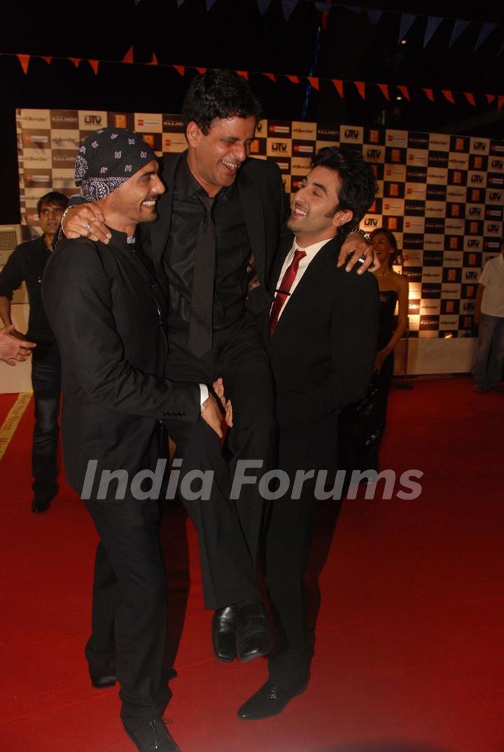 Arjun Rampal, Manoj Bajpai and Ranbir Kapoor at ''Raajneeti'' premiere at IMAX