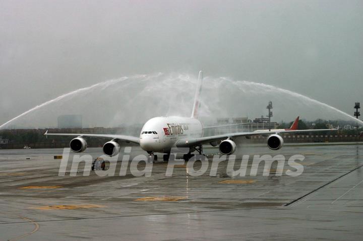 The water cannon salute at Terminal-3 Indira Gandhi International Airport, New Delhi at the arrival of Emirates Airbus A380