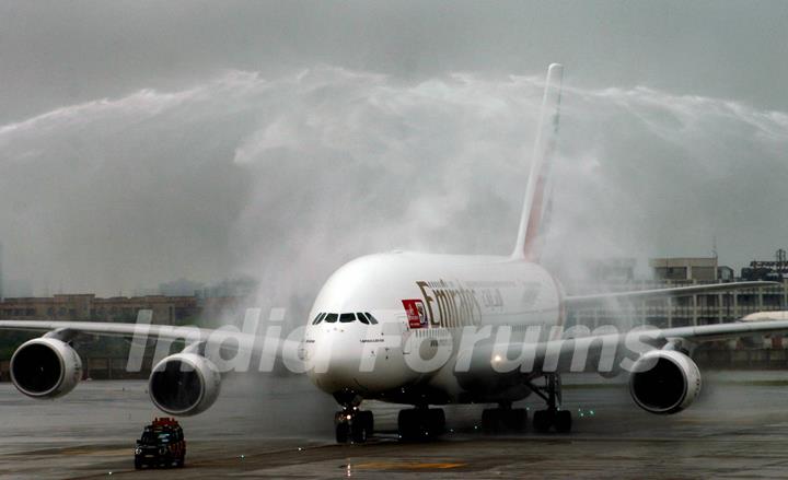 The water cannon salute at Terminal-3 Indira Gandhi International Airport, New Delhi at the arrival of Emirates Airbus A380