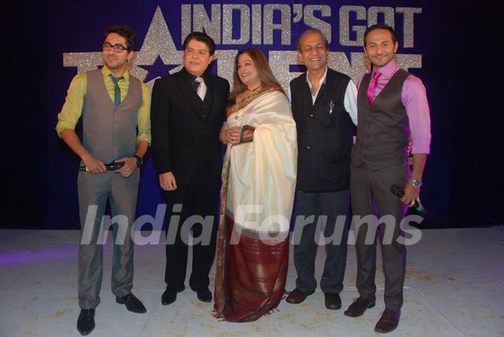 Ayushman Khurana, Sajid Khan, Kirron Kher and Nikhil Chinnappa during the press meet for the TV show