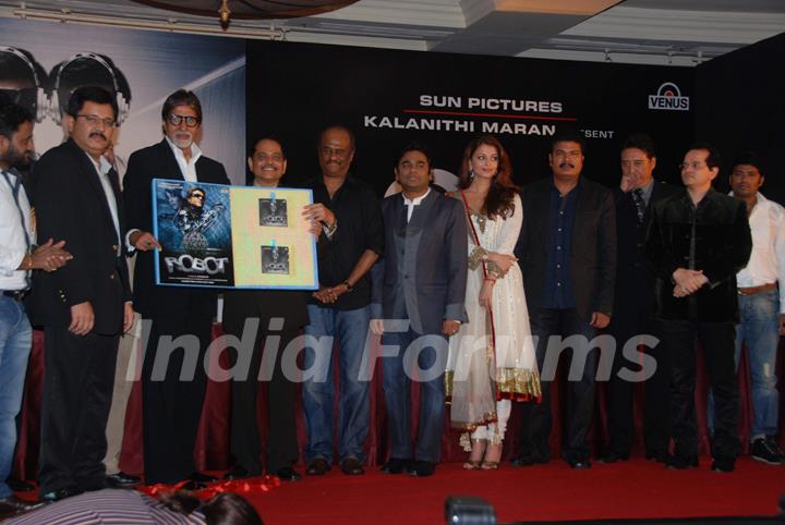 Amitabh Bachchan, Aishwarya Rai and A.R.Rahman at Robot music launch at JW Marriott