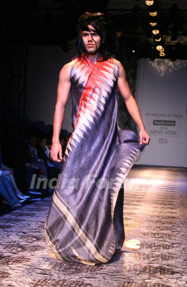 A model showcasing designer Shantanu & Nikhil''s creations at the Ven Heusen India Mens Week, in New Delhi