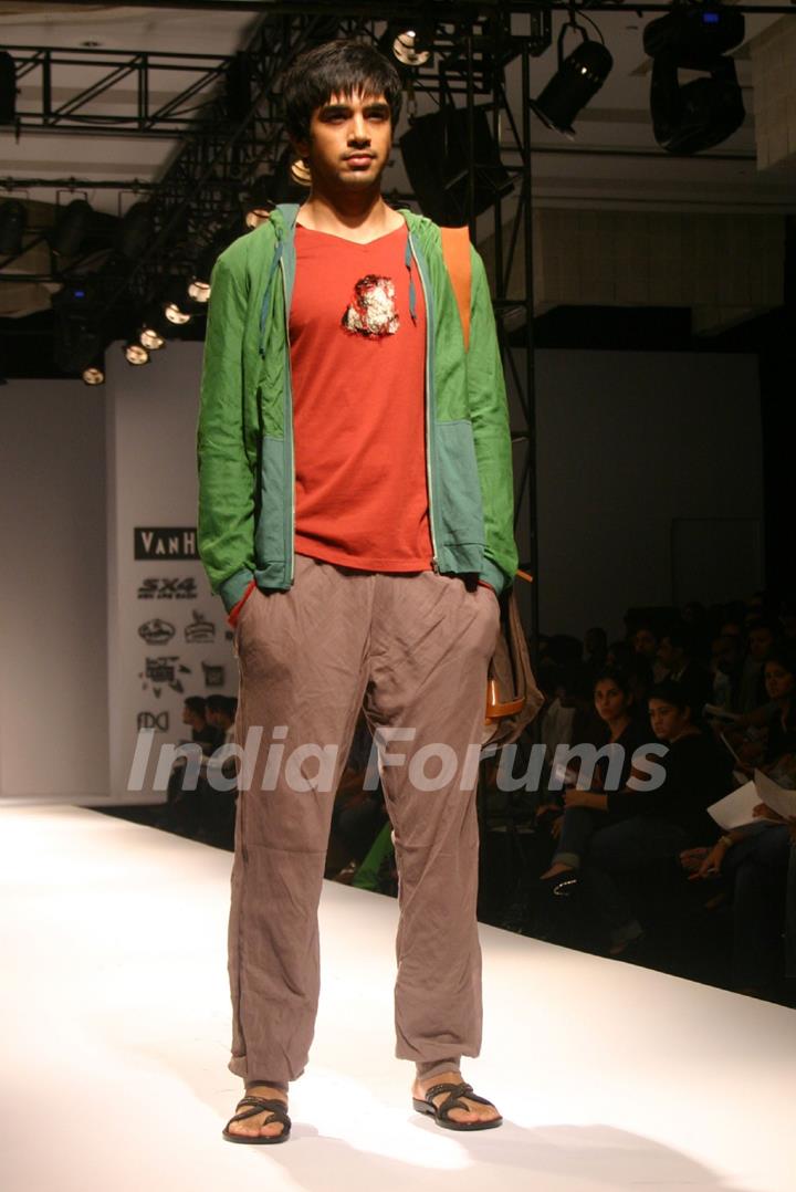 A model showcasing designer Sanchita''s creation at the Ven Heusen India Mens Week, in New Delhi