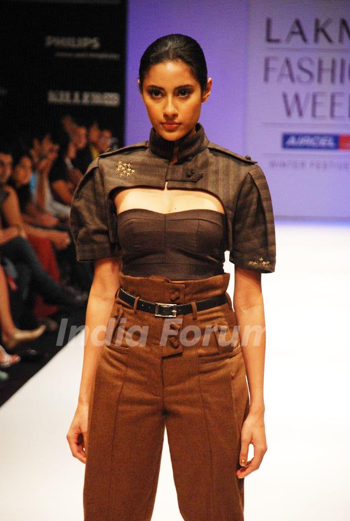 A model walks the runway in an Amalraj Sengupta design at the Lakme Fashion Week