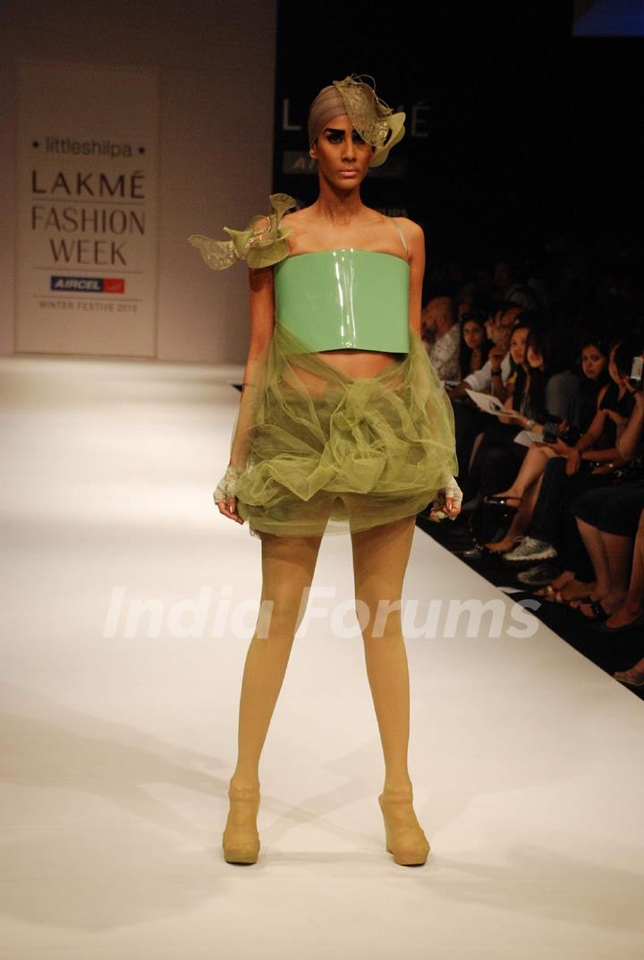 A model walks the runway in an Little Shilpa design at the Lakme Fashion Week