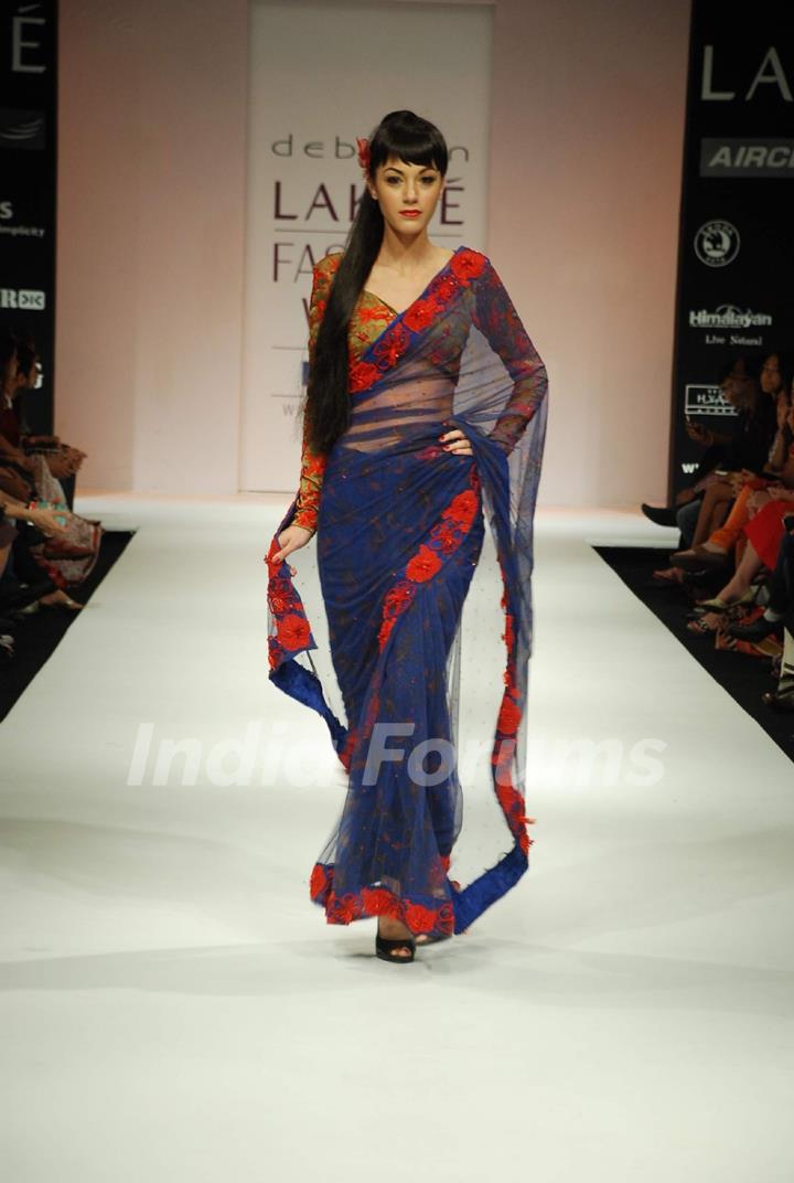 A model on the ramp for Debarun's design at the Lakme Fashion Week