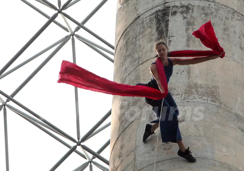 American Dance troupe Project Bandaloop during their aerial dance performance at LIC Building,in New Delhi on Friday
