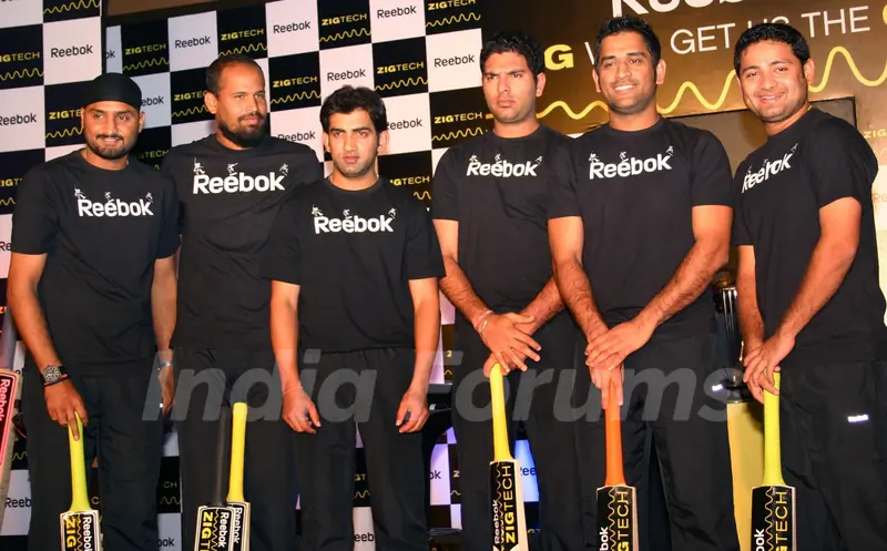 Cricketers Harbhajan Singh, Yusuf Pathan, Gautam Gambhir, Yuvraj Singh, M S Dhoni and Piyush Chawla at a promotional event in New Delhi on Wed 2 Feb 2011. .