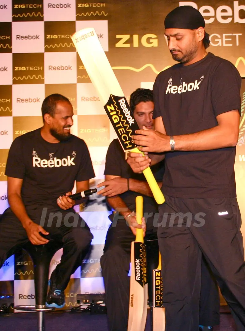 Cricketers Harbhajan Singh, Yusuf Pathan and Yuvraj Singh at a promotional event in New Delhi on Wed 2 Feb 2011. .