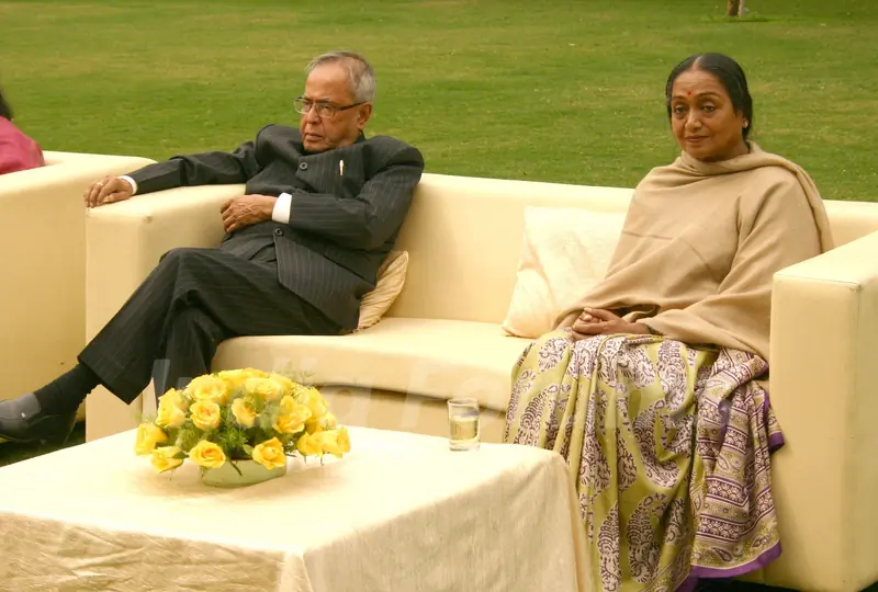 Lok Sabha Speaker Meira Kumar and Union Finance Minister Pranab Mukherjee during a meeting with political leaders in New Delhi on Mon. .