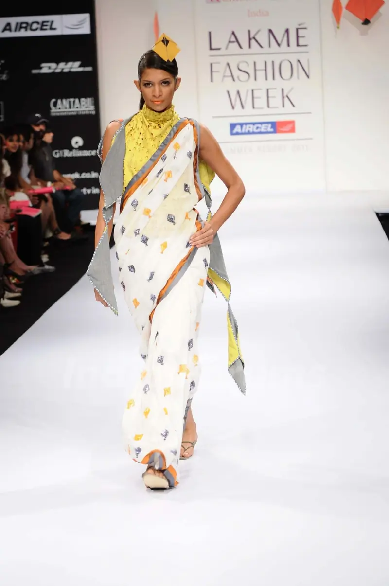A model displays designer Abhishek Dutta's creations during the Lakme Fashion Week 2011 Day 5 in Grand Hyatt, Mumbai. .