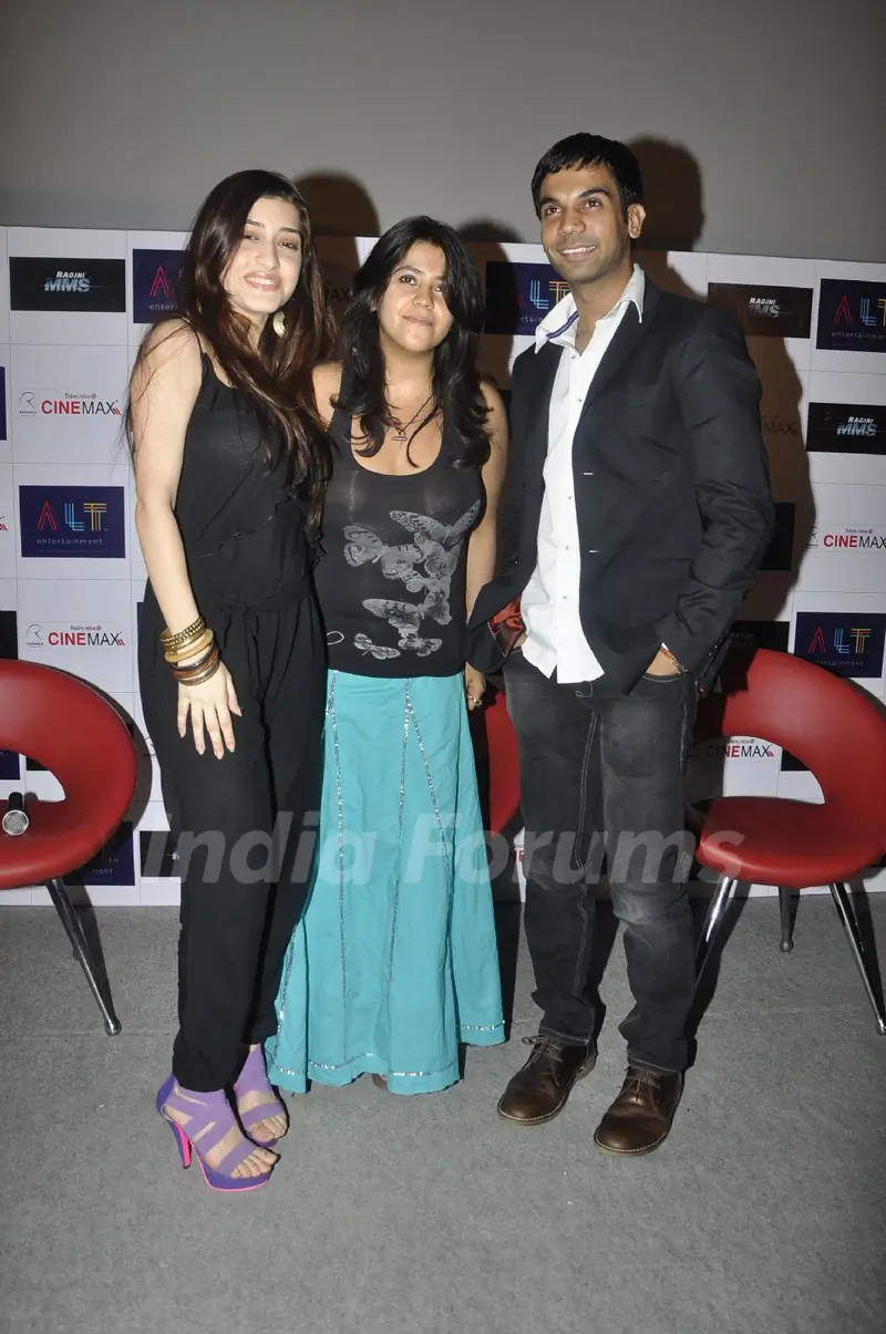 Ekta Kapoor with Raj and Kainaz at first look launch of Ragini MMS at Cinemax, Mumbai