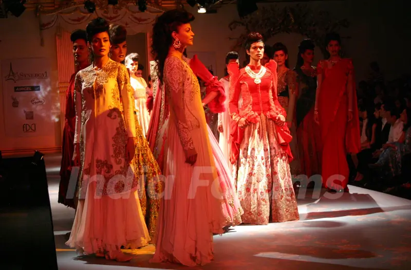 Models showcasing designer Varun Bhal's creations at the Synergy one Delhi Couture Week, in New Delh