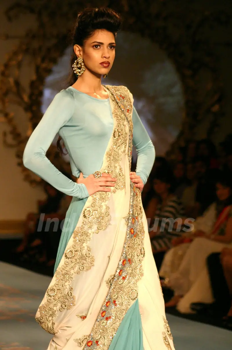 Model showcasing designer Varun Bhal's creation at the Synergy one Delhi Couture Week, in New Delhi