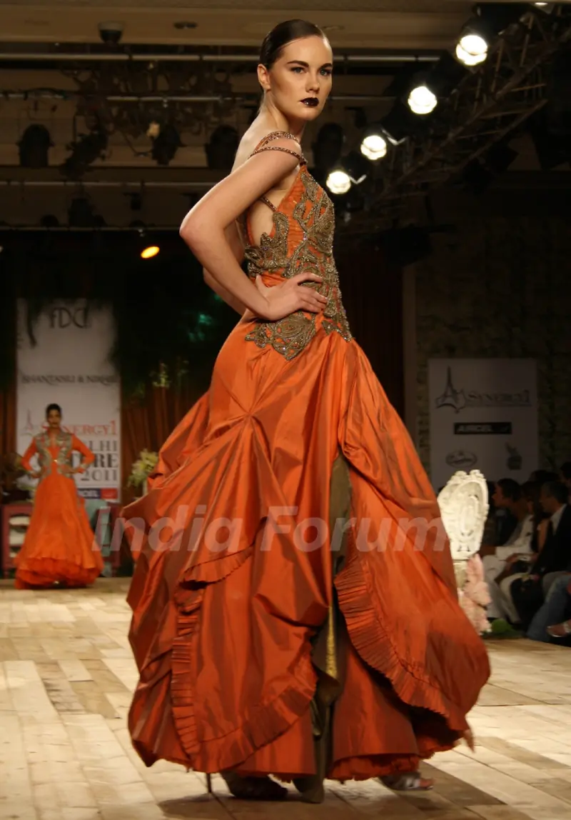 Model showcasing designer Shantanu & Nikhil's creations at Synergy1 Delhi Couture Week,in New Delhi