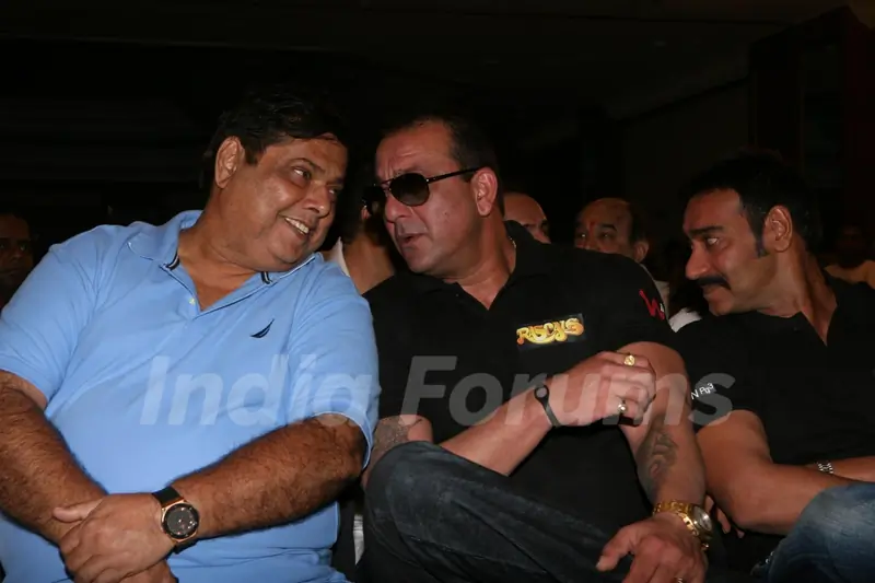 Sanjay Dutt, Ajay Devgn and David Dhawan at Film 'Rascals' music launch at Hotel Leela in Mumbai