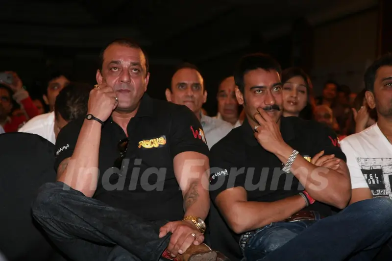 Sanjay Dutt and Ajay Devgn at Film 'Rascals' music launch at Hotel Leela in Mumbai