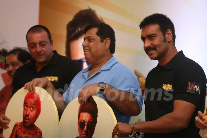 Sanjay Dutt, Ajay Devgn and David Dhawan at Film 'Rascals' music launch at Hotel Leela in Mumbai