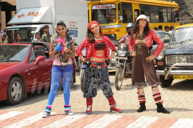 Additi Gupta, Kritika Kamra and Rakhi Sawant during the shooting of title song Zara Nachke Dikha