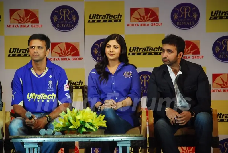Shilpa Shetty and Rahul Dravid during the unveiling of the Rajasthan Royals Jersey at JW Marriott Hotel in Mumbai