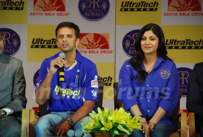 Shilpa Shetty and Rahul Dravid during the unveiling of the Rajasthan Royals Jersey at JW Marriott Hotel in Mumbai
