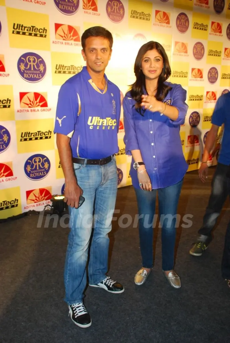 Shilpa Shetty and Rahul Dravid during the unveiling of the Rajasthan Royals Jersey at JW Marriott Hotel in Mumbai