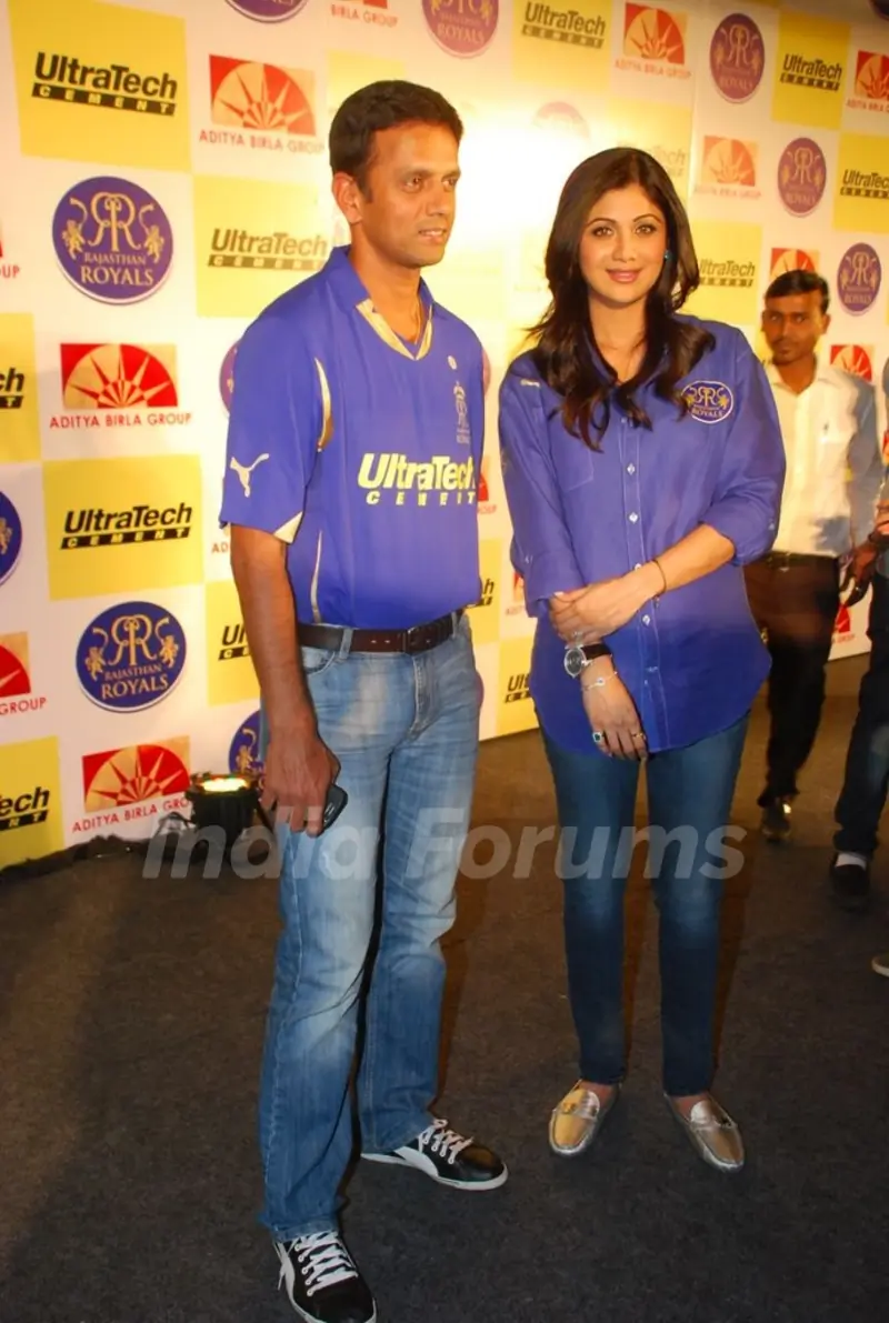 Shilpa Shetty and Rahul Dravid during the unveiling of the Rajasthan Royals Jersey at JW Marriott Hotel in Mumbai