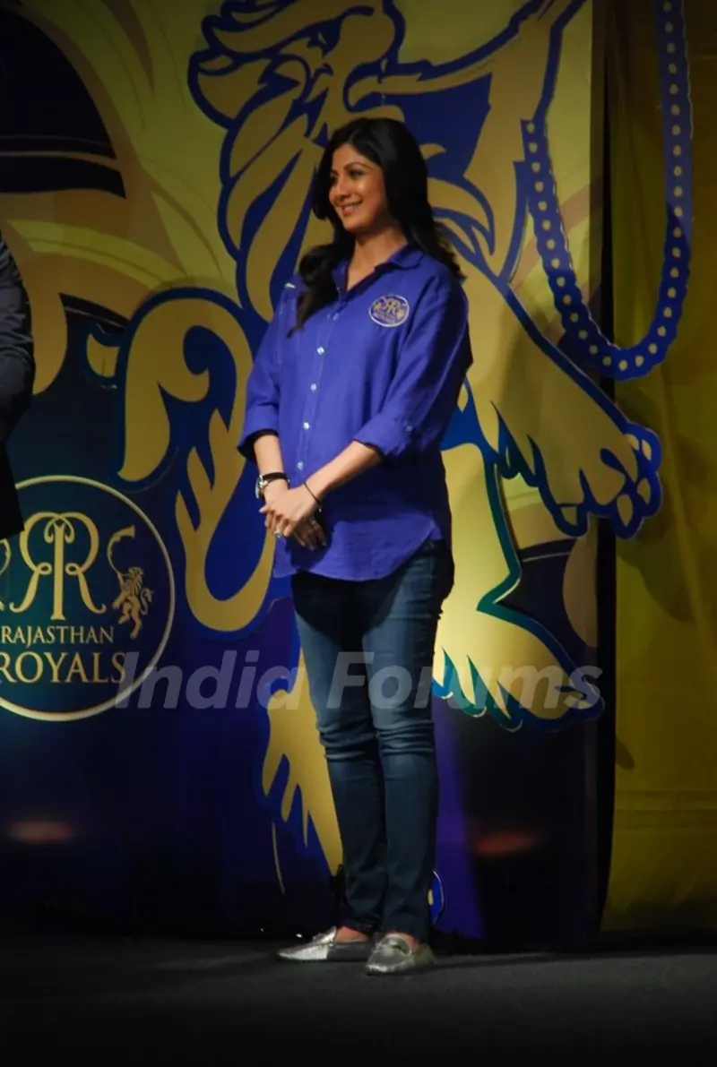 Shilpa Shetty and Rahul Dravid during the unveiling of the Rajasthan Royals Jersey at JW Marriott Hotel in Mumbai