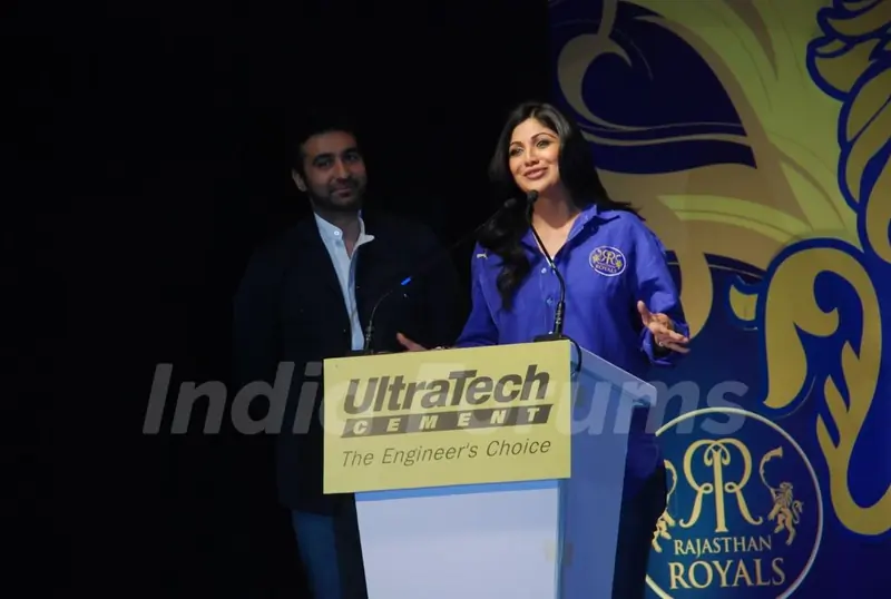 Shilpa Shetty and Rahul Dravid during the unveiling of the Rajasthan Royals Jersey at JW Marriott Hotel in Mumbai