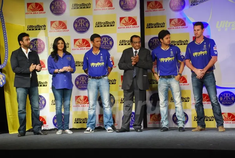 Shilpa Shetty and Rahul Dravid during the unveiling of the Rajasthan Royals Jersey at JW Marriott Hotel in Mumbai
