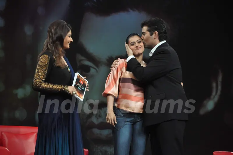Kajol and Karan Johar on the sets of NDTV show with Raveena at Yashraj, Mumbai. .