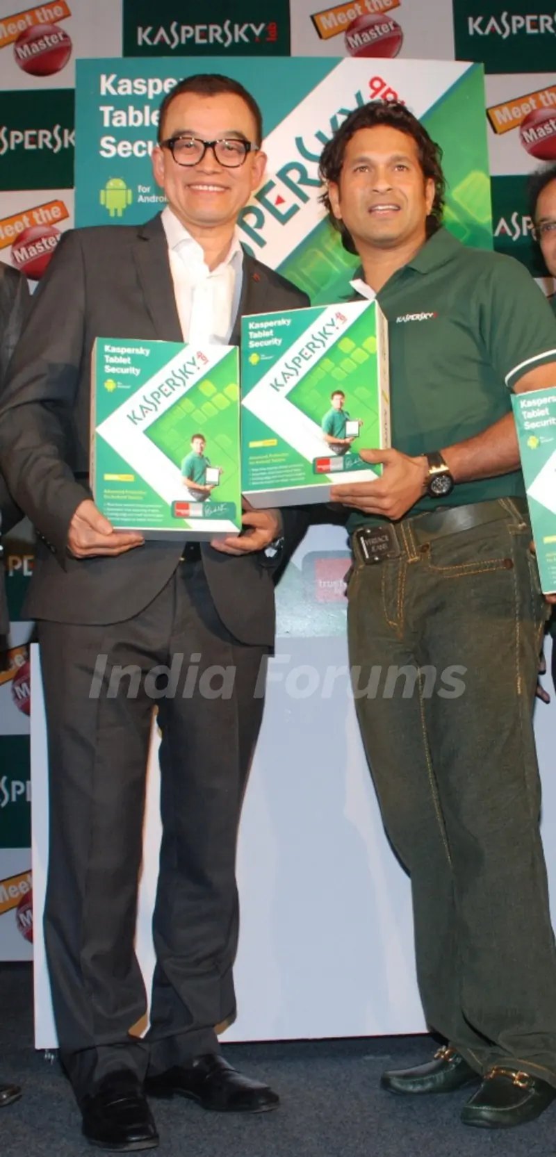 Sachin Tendulkar, the brand ambassador of Kasperskey, with Harry Cheung, MD of APAC, during the launch of Kaspersky tablet security launch in Mumbai. .