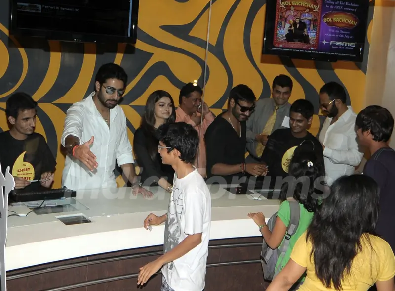 Rohit Shetty, Abhishek Bachchan, Ajay Devgan and Prachi Desai of Bol Bachchan selling ticket at Fame