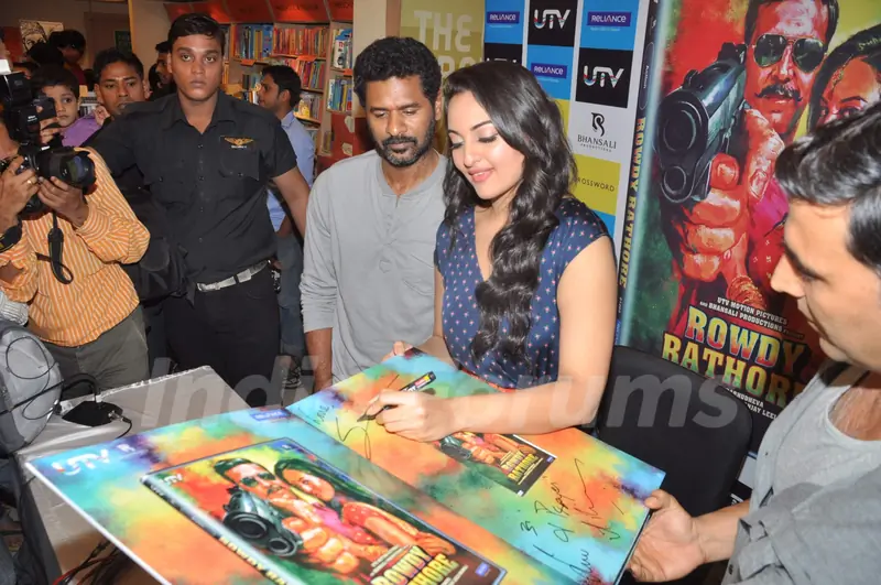 Bollywood actors Akshay Kumar, Sonakshi Sinha and Prabhu Deva at the Rowdy Rathore Dvd launch in Mumbai. .