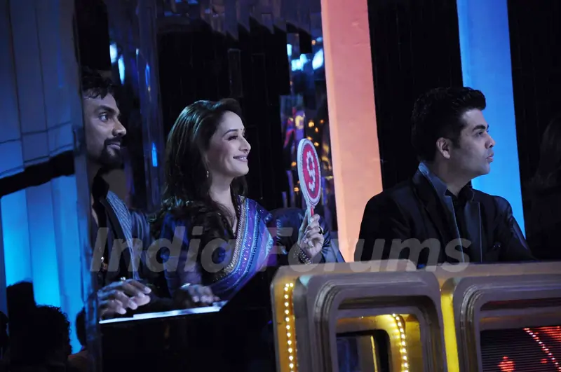 Remo D'Souza, Madhuri Dixit and Karan Johar on the sets of Jhalak Dikhhla Jaa