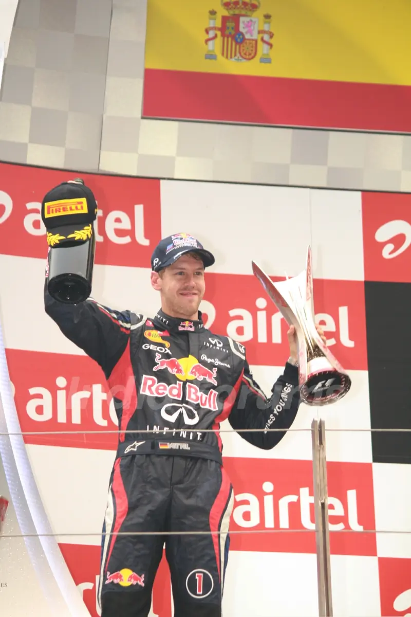 The Red Bull car driven by Sebastian Vettel at Buddh International Circuit in Greater Noida.