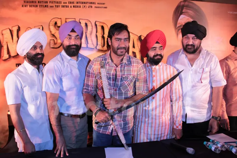 Bollywood actor Ajay Devgan with Congress leader Charan Singh Sapra and other members of Punjabi Cultural Heritage Board (PCHB) at Son Of Sardaar press meet to resolve issues with Sikh Community leaders at Hotel Novotel in Juhu, Mumbai.