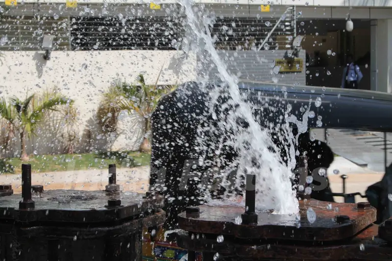 Water is wasted due to a leakage in the main drinking water pipeline in Hyderabad on Feb. 14.