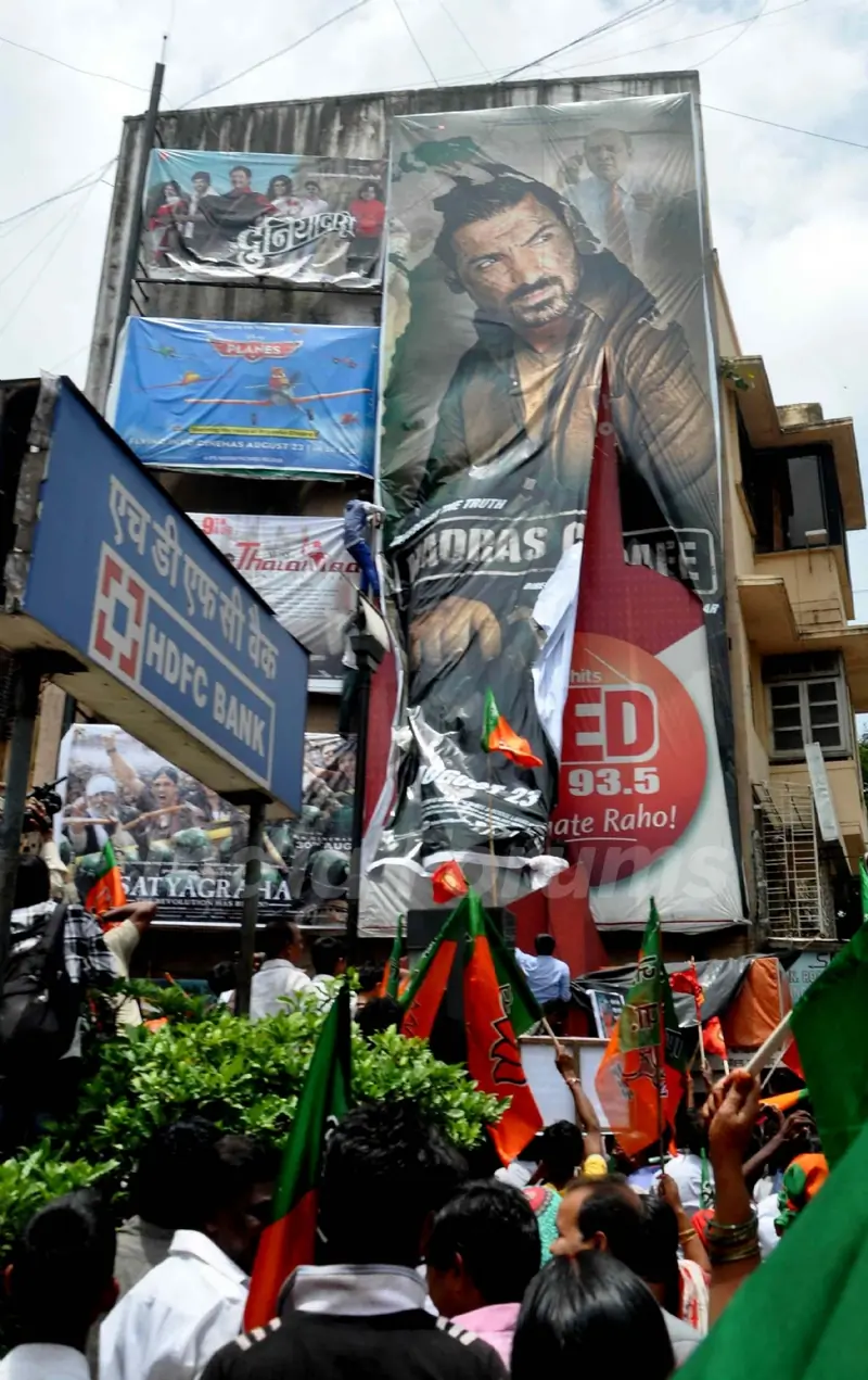 BJP activists protesting against the Hindi film 'Madras Cafe' in Mumbai