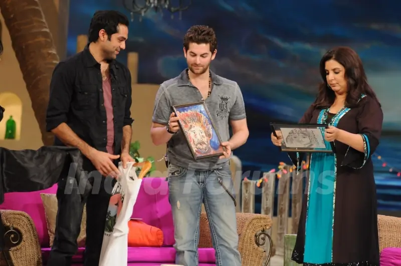Neil Nitin Mukesh and Abhay Deol with Farah Khan