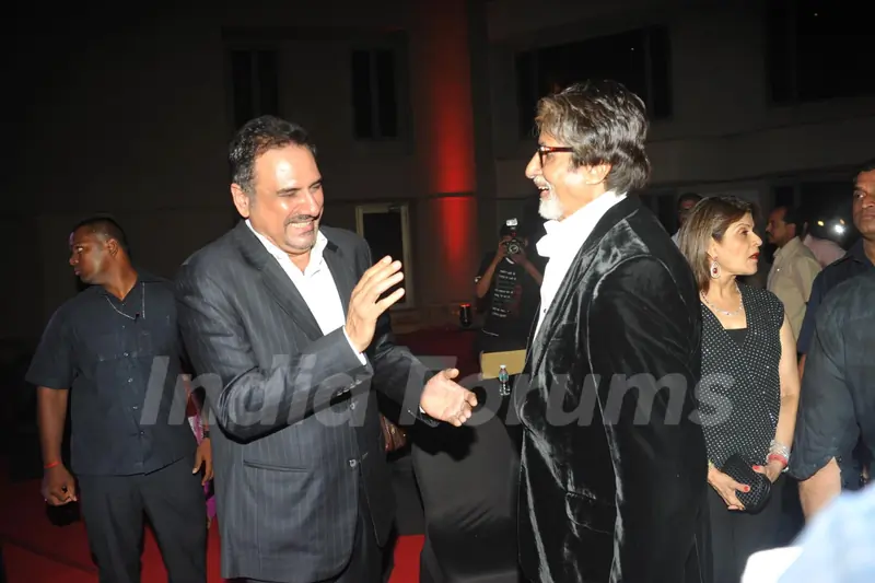 Big B shares a joke with Boman Irani at the Bhoothnath Returns success party